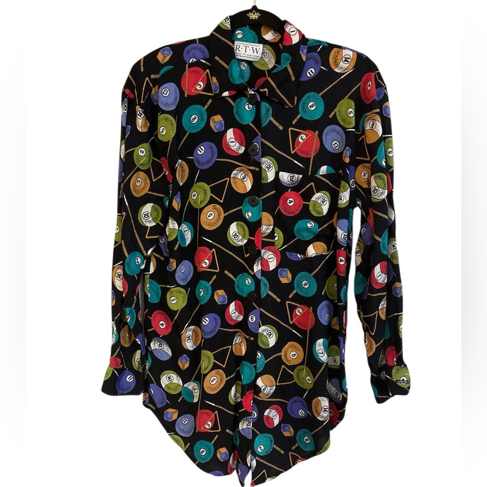 Vintage Colorful Billiard Ball Pool Button-Up Shirt padded shoulders small